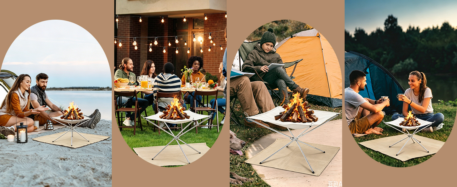 Quatre scènes de style de vie en plein air : des gens se détendent au bord de la plage, dînent sous des guirlandes lumineuses, pique-niquent sur une couverture, campent avec un coucher de soleil en toile de fond avec des produits d'activité portables et des divertissements en plein air.