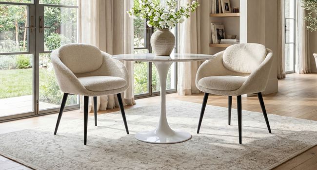 Modern dining room set featuring a white round pedestal table surrounded by upholstered beige accent chairs on a light-colored area rug in a bright room.