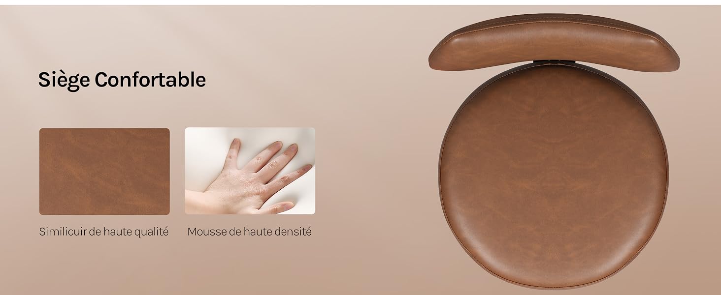 Le texte indique « Sälgel Comfortable ». Vues de dessus et de dessous d'un produit circulaire brun rond et plat avec une texture de surface visible. La main démontre la qualité d'un matériau flexible sous différents angles.