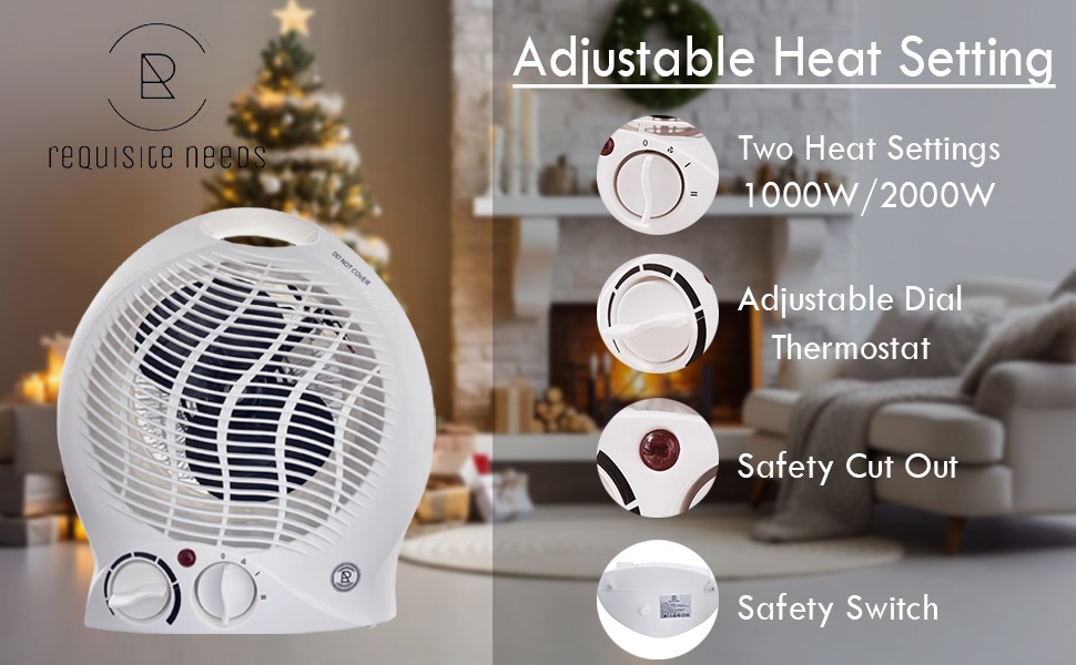 White portable space heater with adjustable heat settings (1000W/2000W), thermostat dial, safety cut-out, and switch. Features shown against a Christmas-themed background.