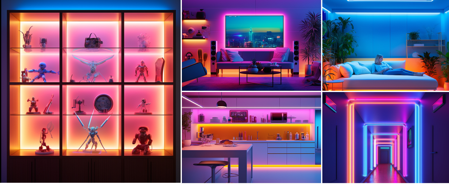 Trois scènes intérieures de pièces éclairées au néon affichant un éclairage LED rose, violet et bleu éclatant avec un mobilier moderne et des éléments architecturaux.