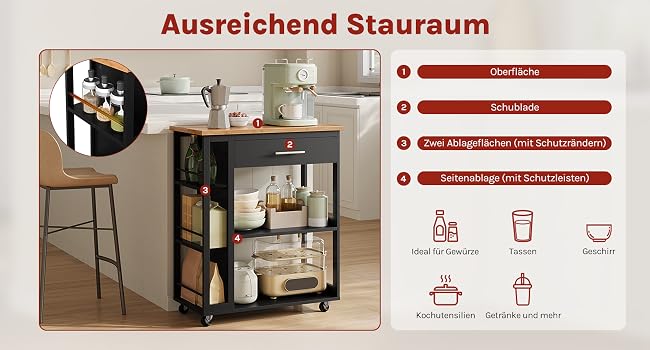 Der Text lautet „Ausreichend Stauraum“. Moderner Aufbewahrungswagen für die Küche mit Holzplatte und Metallrahmen. Er verfügt über mehrere Regale und Organisationsfächer mit Symbolanzeigen unten.
