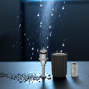 Close-up of water spray pattern showing powerful stream dispensing from nozzle against dark background with water droplets visible.