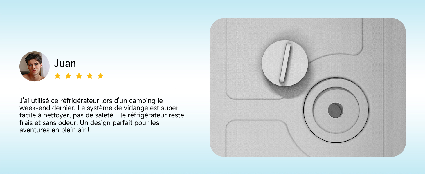 Carte de profil utilisateur avec avatar indiquant « Ava » et note de 5 étoiles ; texte de commentaire visible concernant les propriétés de protection du produit ; image du produit sur la droite montrant un dispositif circulaire blanc avec cadran.