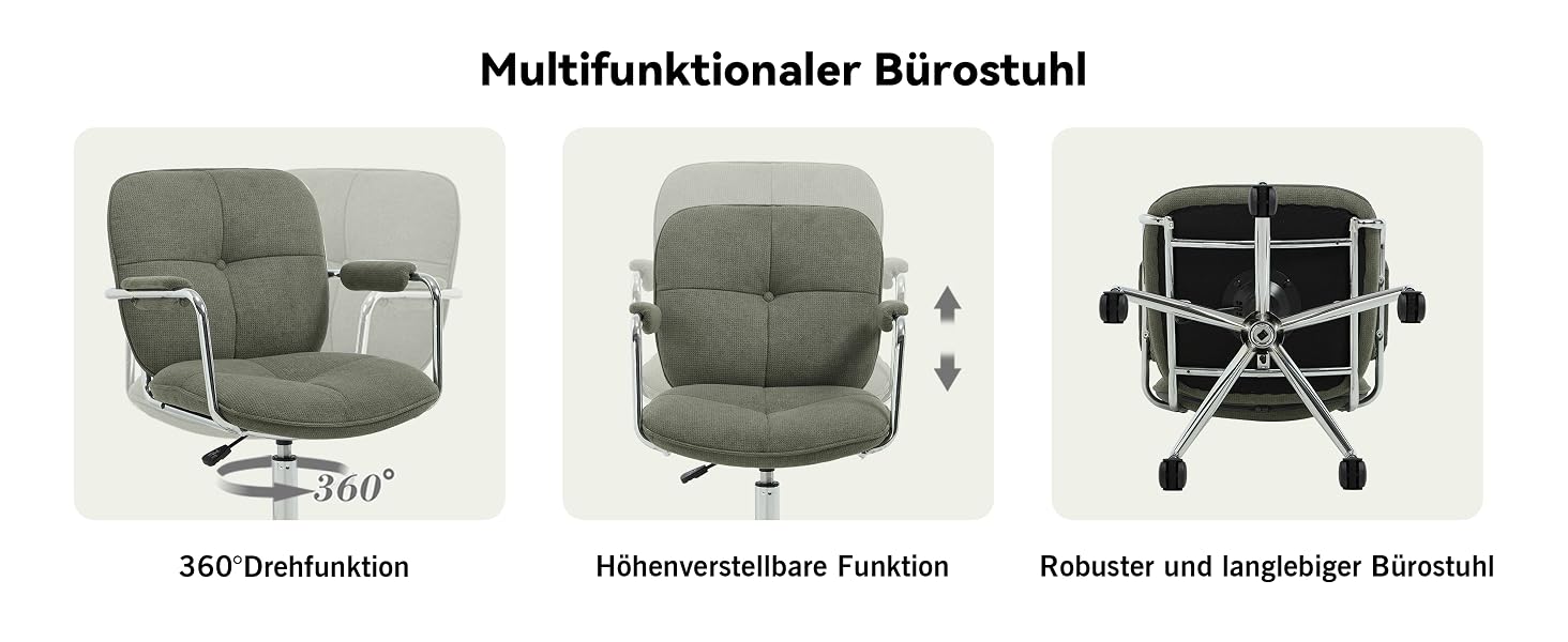 Der Text lautet „Multifunktionaler Bürostuhl“. Serie von Bildern mit Montageanleitungen, die den schrittweisen Aufbau eines Bürostuhls in grauer Farbe zeigen.