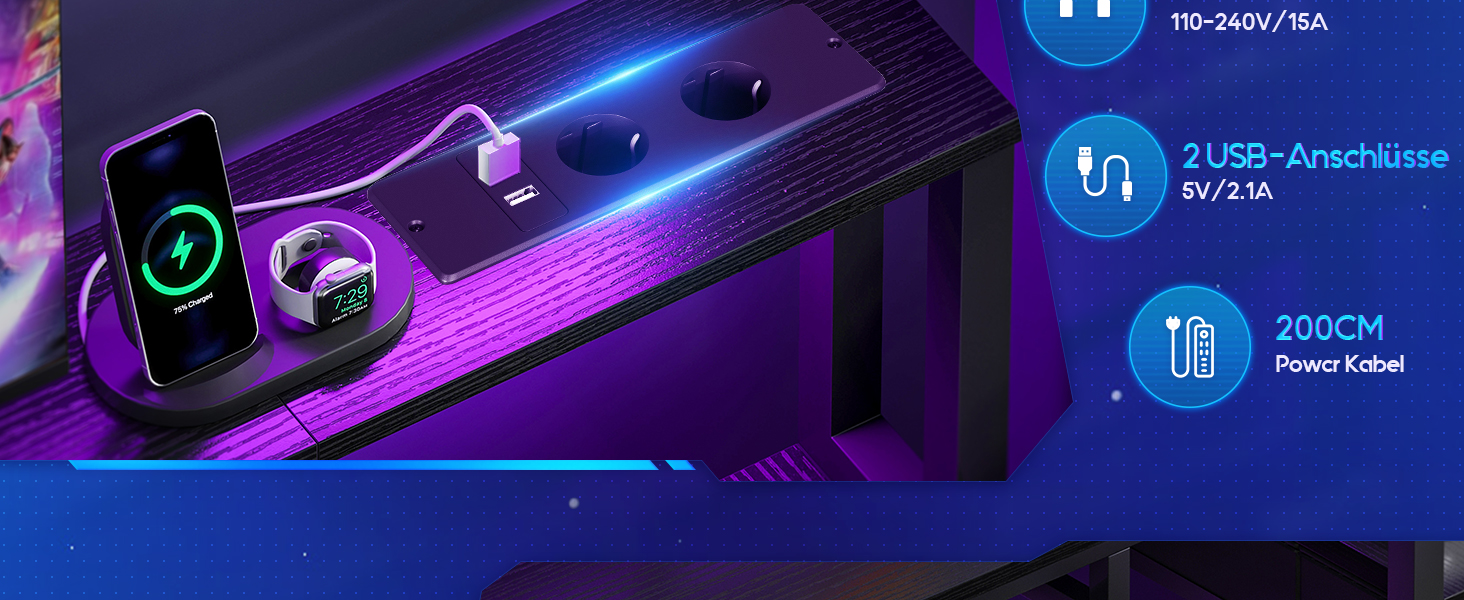 Der Text lautet „ultrakompaktes Design“. Bilderserie mit violetter und blauer Beleuchtung, die kompakte elektronische oder technische Produktdesignelemente zeigt.