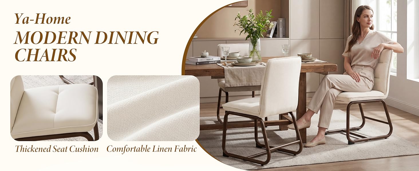 Text reads: 'Yu-Home MODERN DINING CHAIRS, Thickened Seat Cushion - Comfortable Linen Fabric'. Shows beige upholstered dining chairs with metal frame in a dining room setting with table and decor.