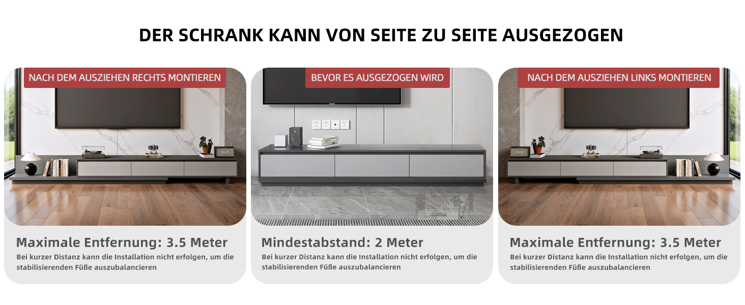 Der Text lautet „DER SCHRANK KANN VON SEITE ZU SEITE AUSGEZOGEN“. Technisches Diagramm oder Bedienungsanleitung, die die Mechanismen des Schiebeschranks oder des Aufbewahrungssystems zeigt.