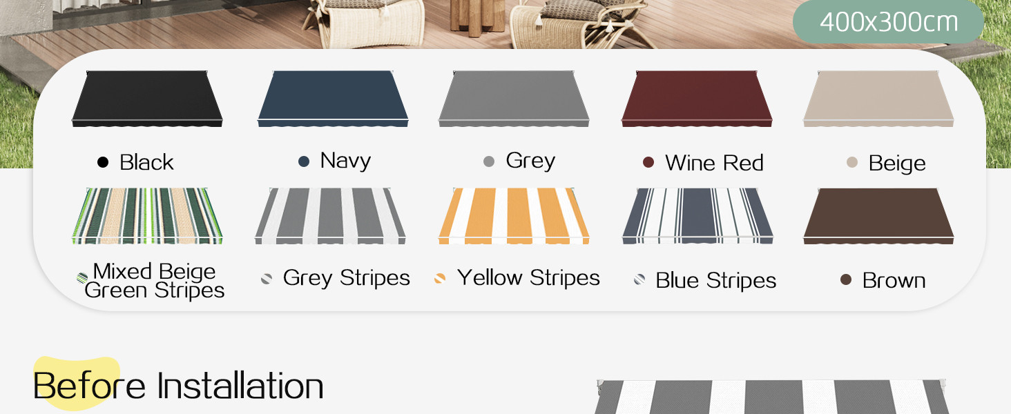 Der Text lautet „Vor der Installation“. Farbauswahlfeld mit Stoff- oder Materialmustern in den Optionen Schwarz, Marineblau, Grau, Silberrot und Beige.