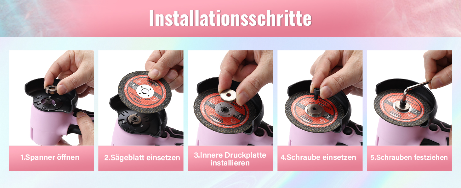 Der Text lautet „Installationsschritte“. Eine fünfteilige Anleitungssequenz zeigt Schritt für Schritt, wie ein kosmetisches Produkt auf die Nägel aufgetragen wird, von der Anwendung bis zum Endergebnis auf rosafarbenem Hintergrund.