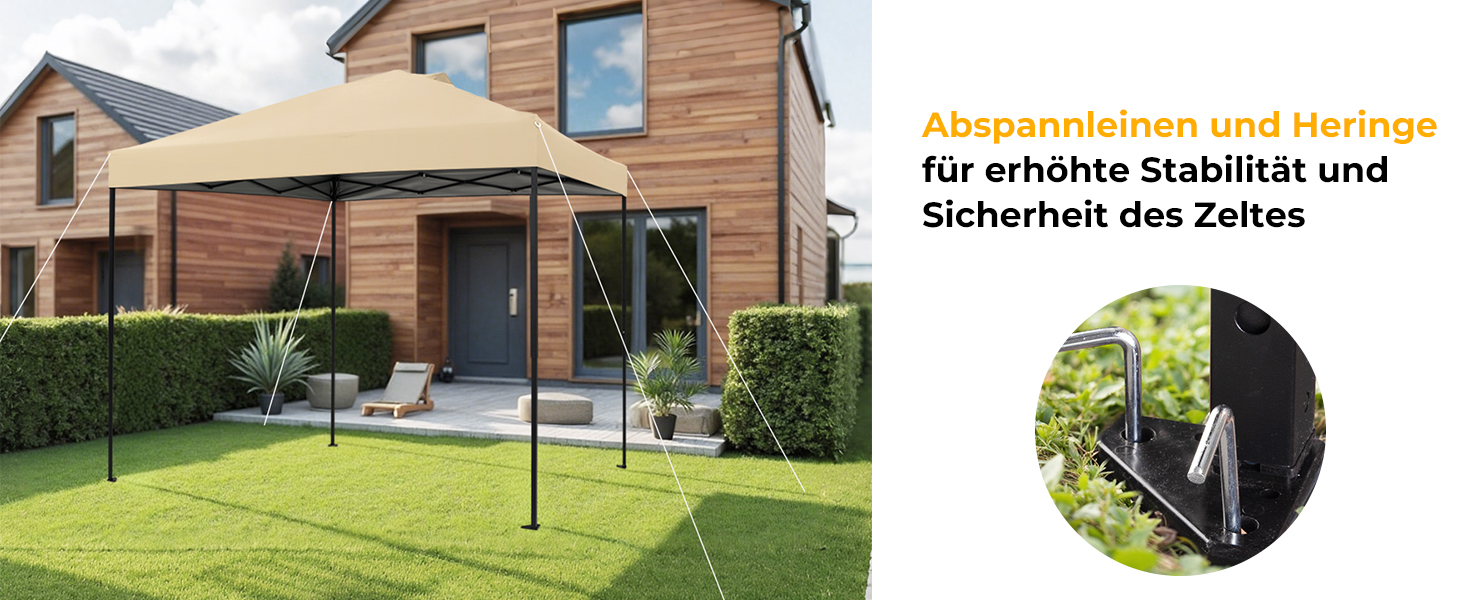 Der Text lautet „für erhöhte Stabilität und Sicherheit des Zeltes“. Die Reihenfolge des Aufbaus des Baldachinzelts im Freien wird im Hinterhof eines modernen Hauses mit Holzverkleidung gezeigt.