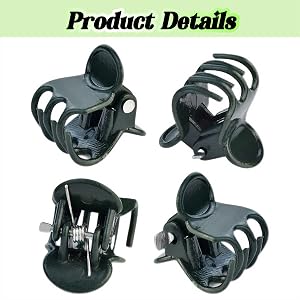 Four views of a black plastic hair clip with a curved design, featuring multiple prongs and a hinged mechanism for secure hair holding and styling.