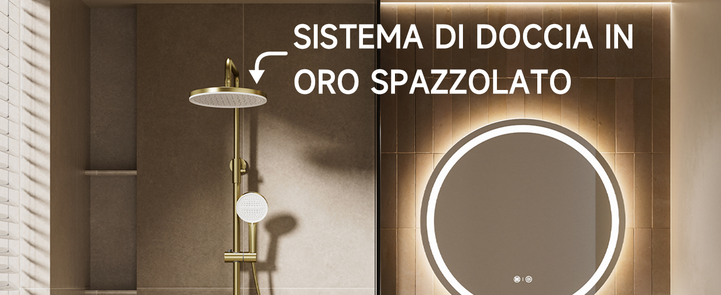 Il testo recita «SISTEMA DOCCIA IN ORO SPAZZOLATO» (sistema doccia in oro spazzolato). Componenti del dispositivo doccia con finitura dorata visualizzati su sfondo scuro.