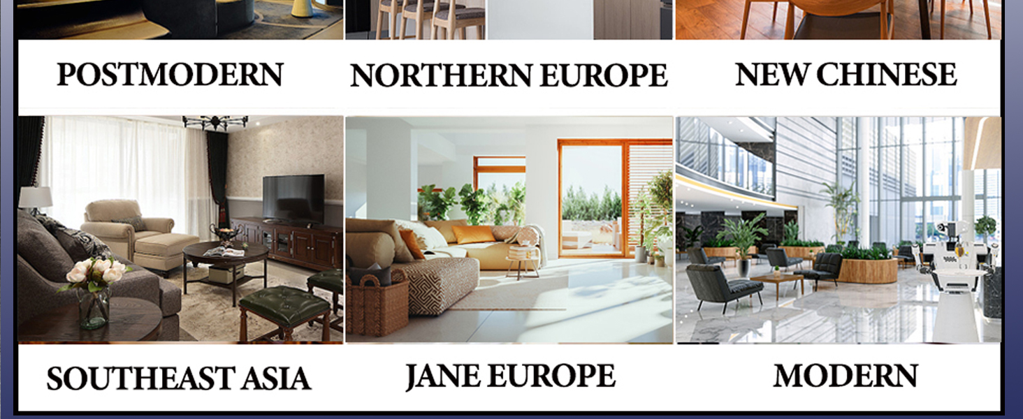 Collage de six styles de design d'intérieur : postmoderne, Europe du Nord, Nouvelle Chine, Asie du Sud-Est, Jane Europe et Moderne. Chaque panneau présente un salon avec des meubles et des éléments de décoration distinctifs