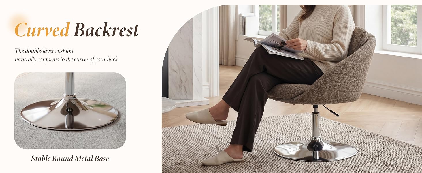 Text reads: 'Curved Backrest'. Split image showing chair design - left panel shows technical drawing, right panel shows chair in use in bright interior setting.