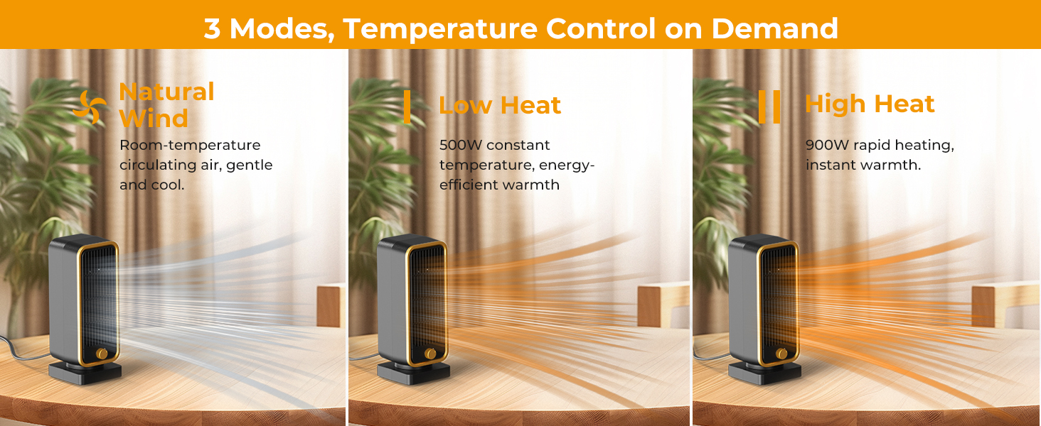 Text reads '3 Modes Temperature Control on Demand'. Three panels showing a tall black tower heater in different settings with varying heat distribution patterns illustrated.