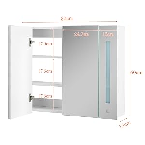 Armoire Salle De Bain Avec Miroir Et LED - 5 étagères Réglables - Blanc, Imperméable IP44 - Montage Facile - 7