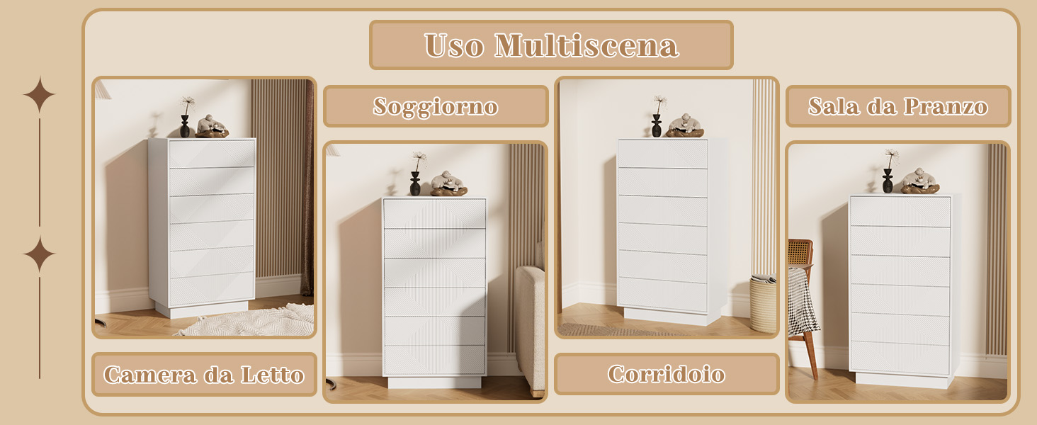 Immagine di progressione a quattro pannelli che mostra i prodotti dispenser bianchi montati su sfondo beige con cornici di testo attorno a ciascun pannello.