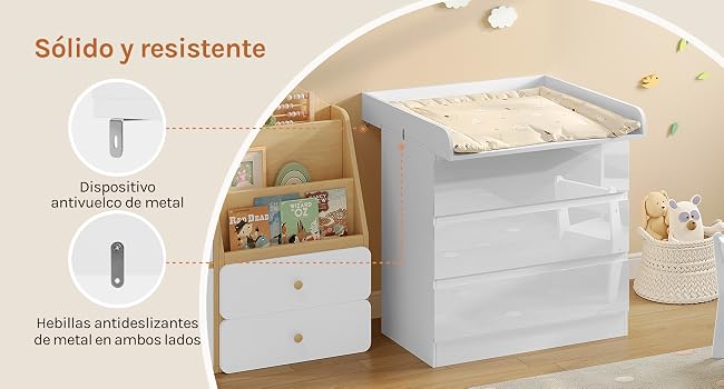 Diagrama de organización del almacenamiento que muestra los compartimentos reforzados con metal y las instrucciones de montaje en español, con una unidad de almacenamiento modular de color beige y blanco