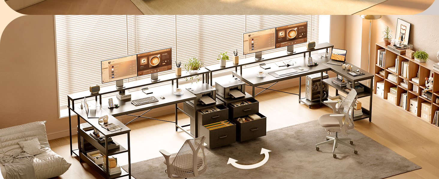 Plusieurs vues de l'intérieur d'un bureau ou d'un espace de travail moderne comprenant des bureaux, des chaises et des installations informatiques dans un environnement épuré et minimaliste.
