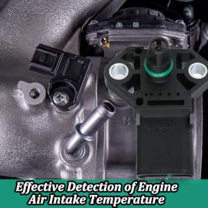Close-up of engine components with sensors and connectors. Text reads 'Effective Detection of Engine Air Intake Temperature'.