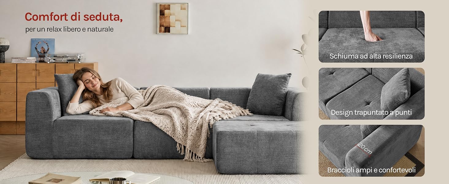 Il testo recita «Comfort di seduta, di un'altra dimensione». Divano modulare imbottito grigio con seduta, con dettagli del cuscino e dettagli ravvicinati delle texture.