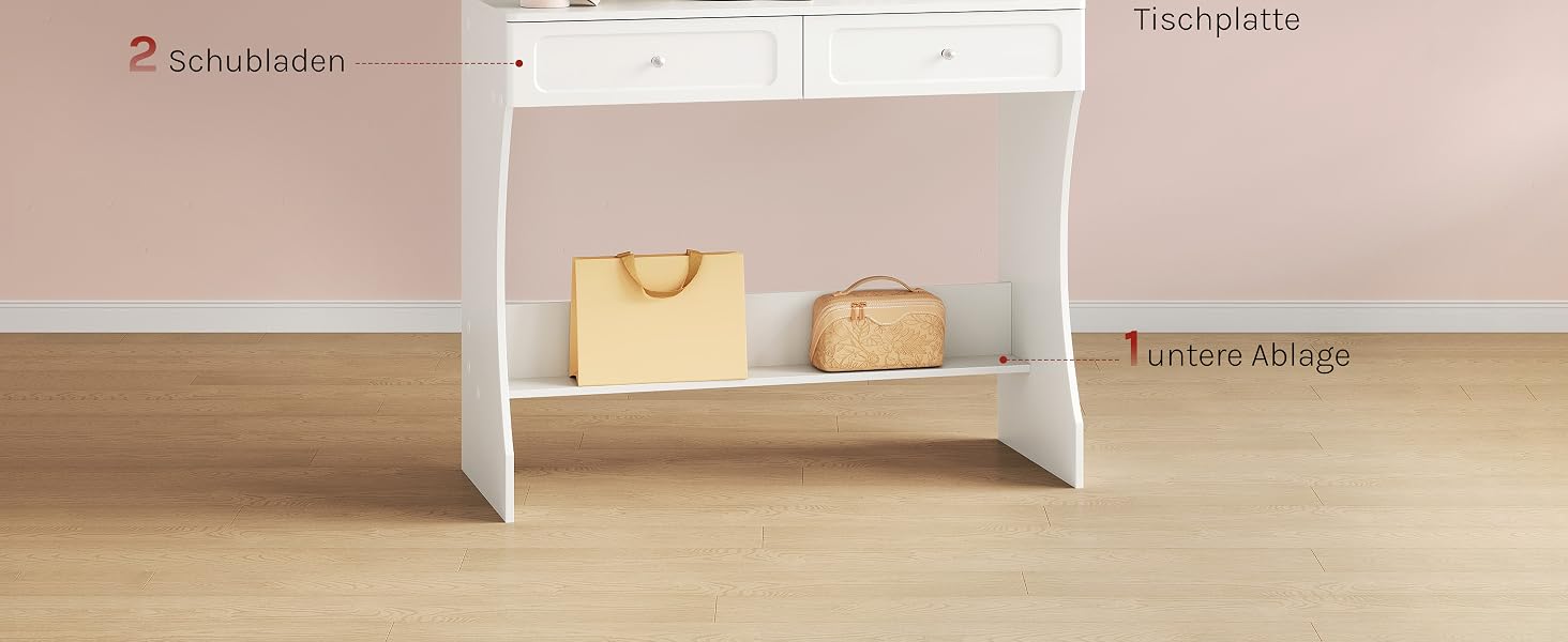 Der Text lautet „2 Schubladen“, „Tischplatte“, „Turva 55Kg“. Weißes Regal mit offenem Fach, in dem Staukästen aufbewahrt werden. Zwei Schubladen darunter, Tischplatte aus Holz, beschriftetes Fassungsvermögen.
