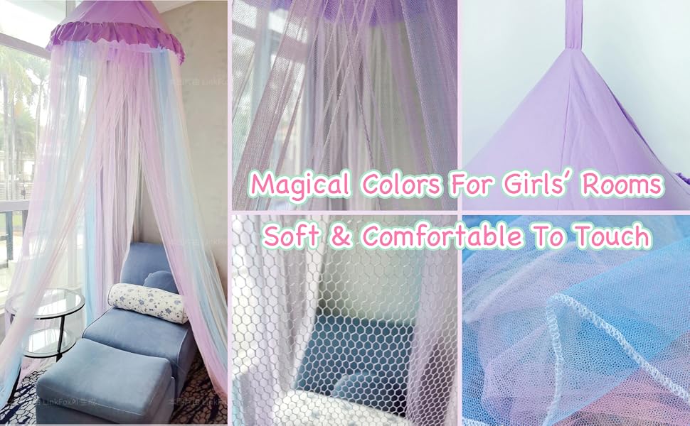 Text reads: 'Magical Colors For Girls' Rooms' and 'Soft &amp; Comfortable To Touch'. Three-panel image showing pastel purple and pink bed canopy with sheer fabric draped from ceiling.