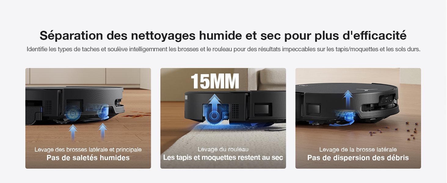 Le texte se lit comme suit : « 15 mm ». Guide d'instructions à trois panneaux présentant les composants de l'aspirateur et les étapes d'assemblage.