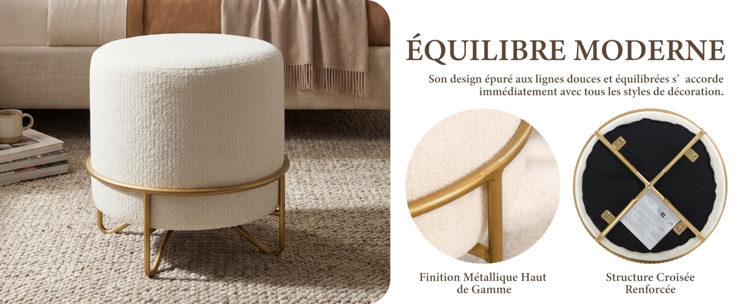 Le texte indique « EQUILIBRE MODERNE ». Collection de meubles modernes comprenant des sièges rembourrés de couleur crème et des tables avec des cadres en métal doré.