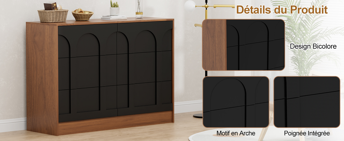 Le texte indique « Détails du produit ». Série d'images montrant un meuble TV mural avec des panneaux en tissu noir et un cadre en bois sous différents angles.