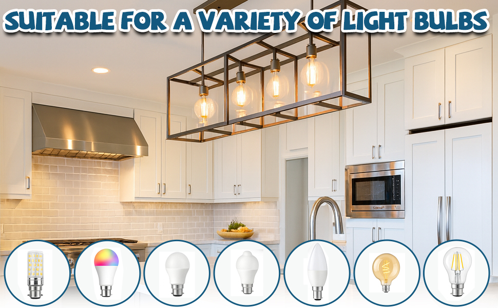 Text reads 'SUITABLE FOR A VARIETY OF LIGHT BULBS'. Modern kitchen interior with pendant lighting fixtures and illustrations of compatible bulb types.