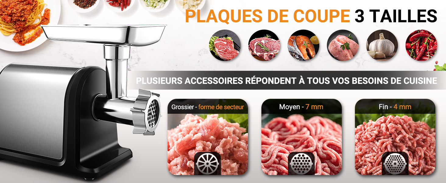 avec plusieurs plaques de découpe. Comprend un corps en acier inoxydable, divers accessoires pour différentes tailles de hachage et des exemples de viandes transformées présentés