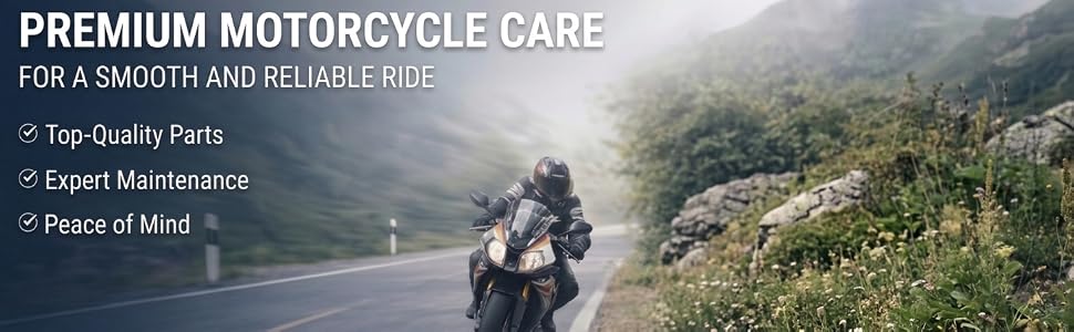 Text reads 'PREMIUM MOTORCYCLE CARE FOR A SMOOTH AND RELIABLE RIDE' with bullet points 'Top Quality Parts', 'Expert Maintenance', 'Peace of Mind'. Motorcyclist riding on scenic mountain road.