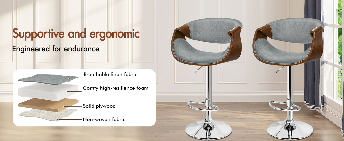 Text reads 'Supportive and ergonomic. Engineered for excellence.' Continuation of chair design specifications showing additional angles and construction details.