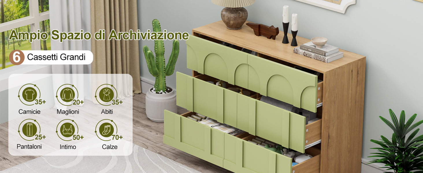 Il testo recita «Infinite Space Luxury Furniture» e include le icone «Ecologico», «Consegna rapida» e «Imballaggio sicuro». Comò in legno chiaro con quattro cestini portaoggetti in tessuto color verde acqua integrati nei frontali dei cassetti.
