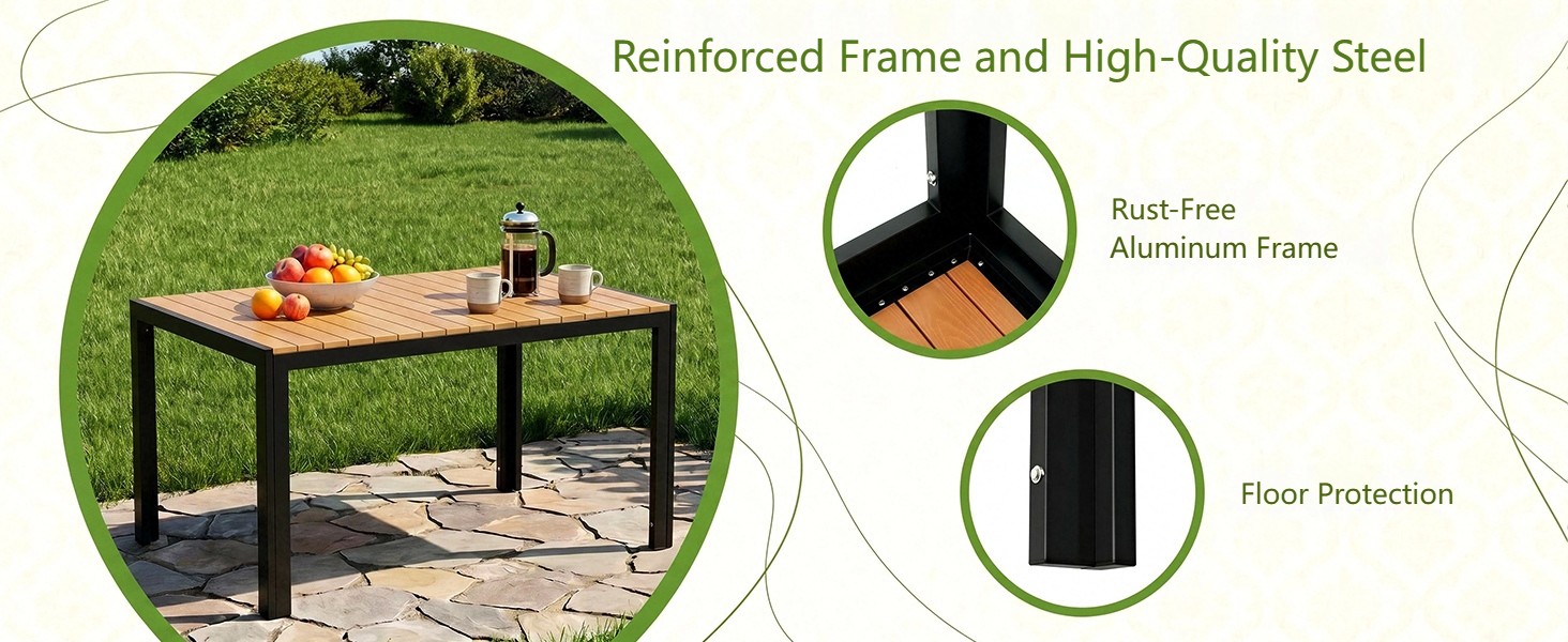 Text reads 'Reinforced Frame and High-Quality Steel', 'Rust Free Aluminum Frame', 'Floor Protection'. Outdoor picnic table with black metal frame and wood surface top in grassy setting, with detail callouts showing frame construction and protective features.
