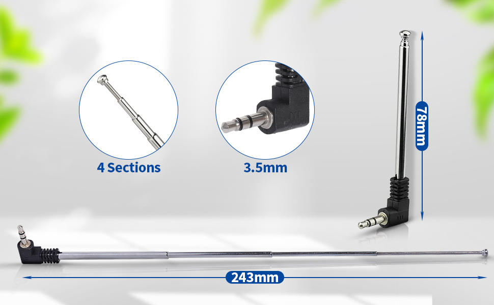 Extendable antenna with 4 sections, 3.5mm connector, and 243mm total length when extended. Close-up images show connector and collapsed state.