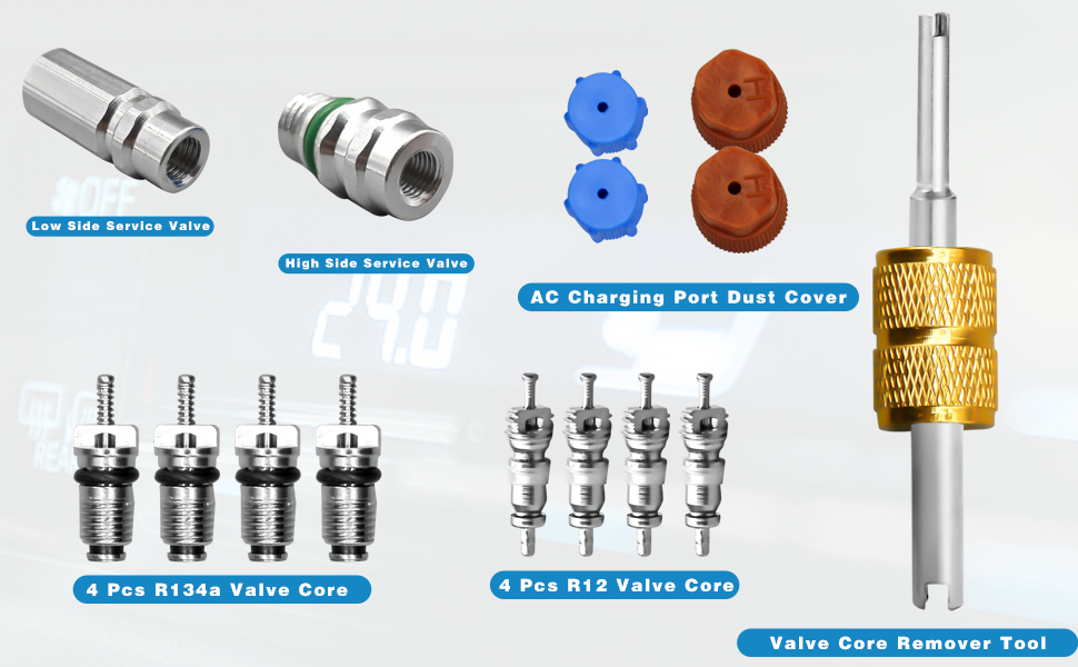 Assortment of automotive air conditioning parts including service valves, dust covers, valve cores, and a valve core removal tool with knurled handle and metal shaft.