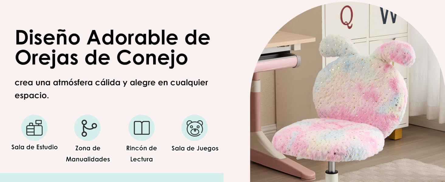 El texto dice: «Diseño Adorable de Orejas de Conejo». Asiento acolchado con temática de conejo rosa y blanco con elementos de diseño de orejas de conejo.