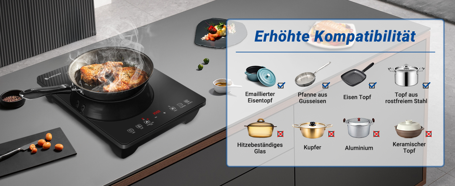 Kompatibilitätstabelle für Induktionskochfelder mit verschiedenen Kochgeschirrtypen mit Symbolen, einschließlich Bratpfannen, Töpfen und
