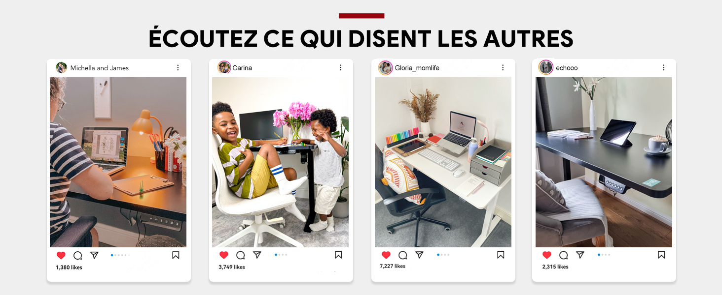 Composite de quatre configurations de bureau : une personne qui tape sur un ordinateur portable, deux personnes travaillant ensemble, un espace de travail organisé avec un ordinateur portable et des fleurs, et un bureau minimaliste avec tablette et téléphone