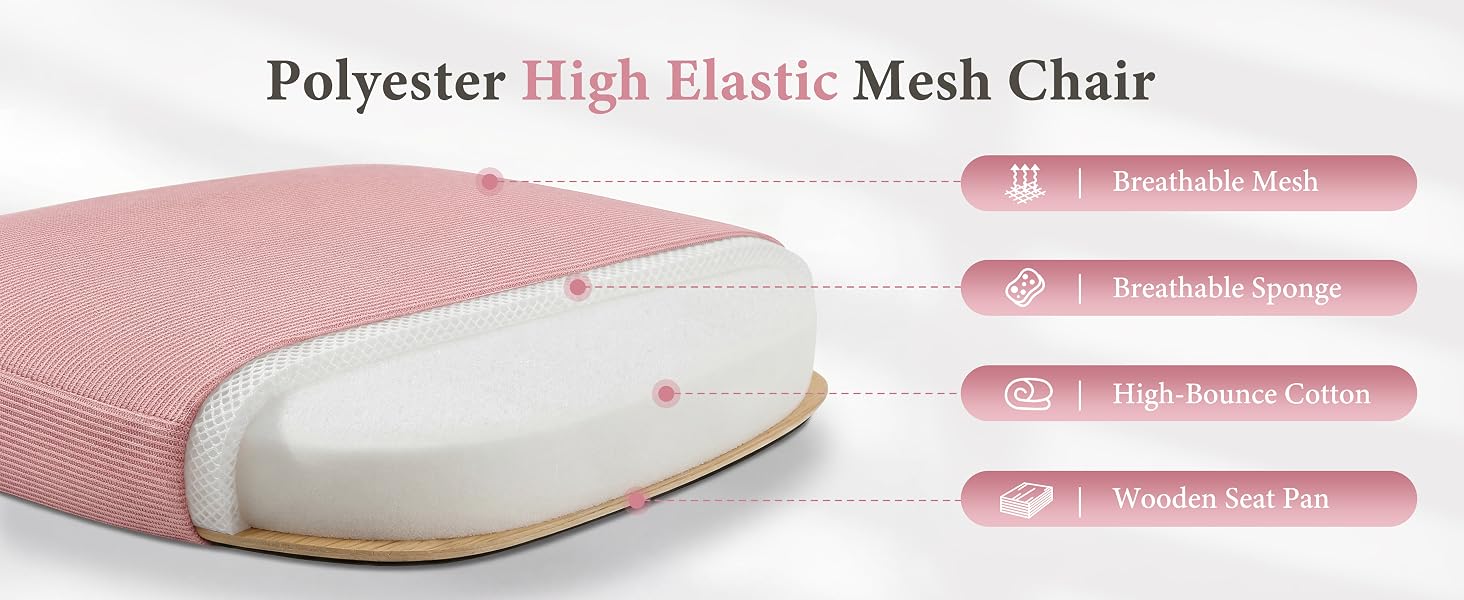 Text reads 'Polyester High Elastic Mesh Chair' with labeled features pointing to pink mesh material and white seat cushion with gold trim detailing.