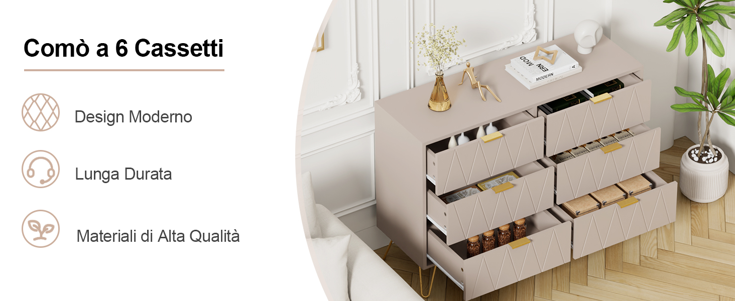 Il testo recita «Comò a 6 Cassetti», «Design Moderno», «Lunga Durata», «Materiali di Alta Qualità». Cassettiera moderna con sei scomparti mostrati in più angolazioni.