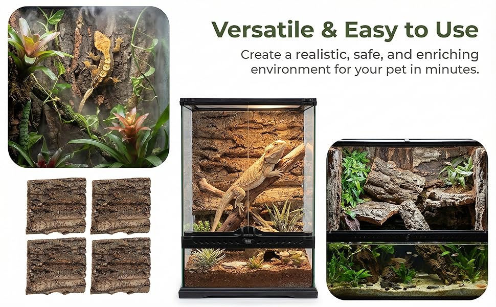 Text reads 'Versatile &amp; Easy to Use'. Multiple panel display showing terrarium or vivarium setups with reptiles in natural-looking habitats with wood and foliage elements.