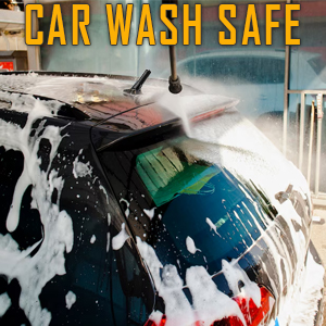 Text reads 'CAR WASH SAFE'. Close-up shot of vehicle being washed with soap suds and water spraying over blue surface.