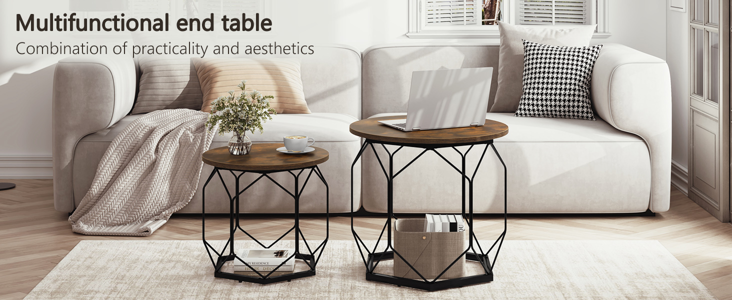 Two round wooden end tables with black metal wire bases. Placed in front of a light-colored sofa with decorative pillows and throw blanket.