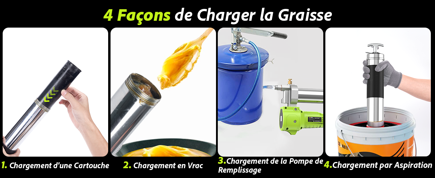 Quatre méthodes d'application de graisse présentées : cartouche, seringue, pompe et applicateur manuel. Chaque méthode a été démontrée avec l'outil et la graisse correspondants.
