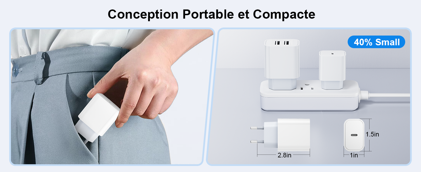 White compact electronic device with charging station. The left panel shows the device clipped to a trouser pocket. The right panel displays the device's dimensions: 4 cm x 2.8 cm x 1.5 cm.