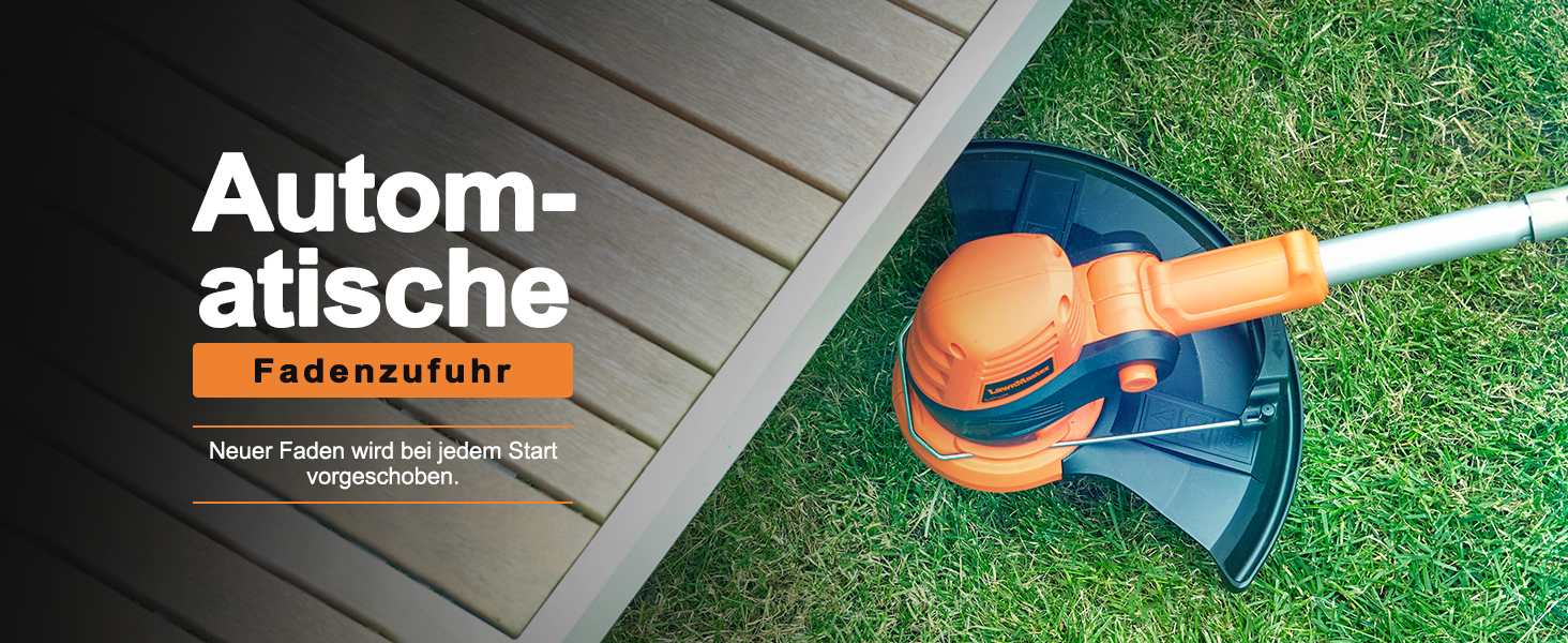 Orangefarbener elektrischer Rasentrimmer, der zum Abkanten von Rasenflächen neben Holzterrassen verwendet wird.
[SENTENCE 27] Der deutsche Text „Automatische Fadenzuführung